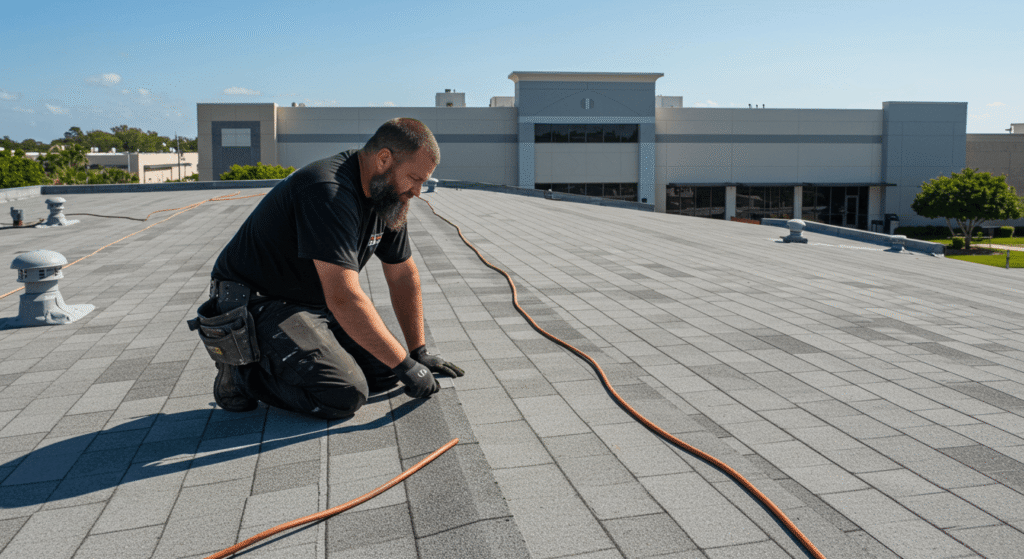 Roofer inspecting a roof in ST Petersburg