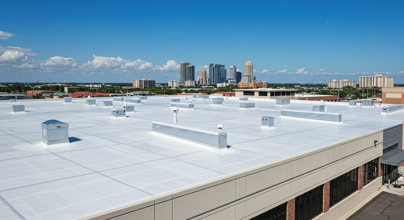 Cool roofing system installed on a commercial building in St. Petersburg, reflecting sunlight for energy efficiency.